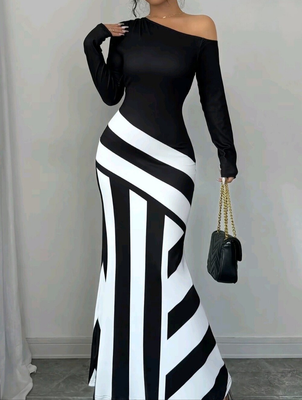 Black & White One-Shoulder Maxi Dress